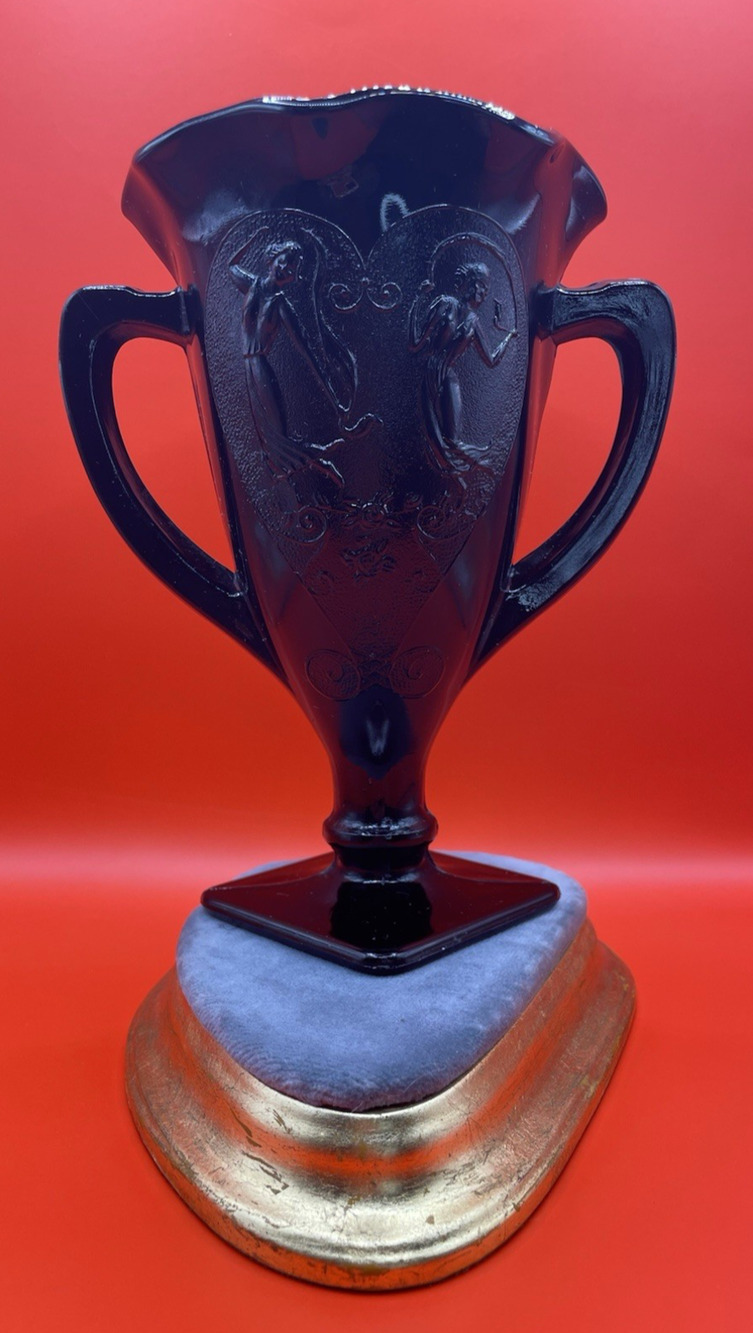 Vintage L.E. Smith Black Amethyst Glass Vase- Art Deco Two Dancing Nymphs
